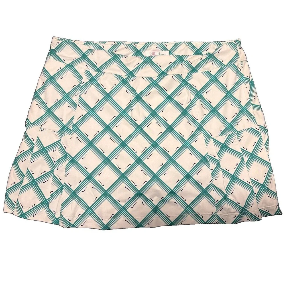 Lillie Green Golf Skort Women's Large Teal White Plaid Diamond Pleated Athletic